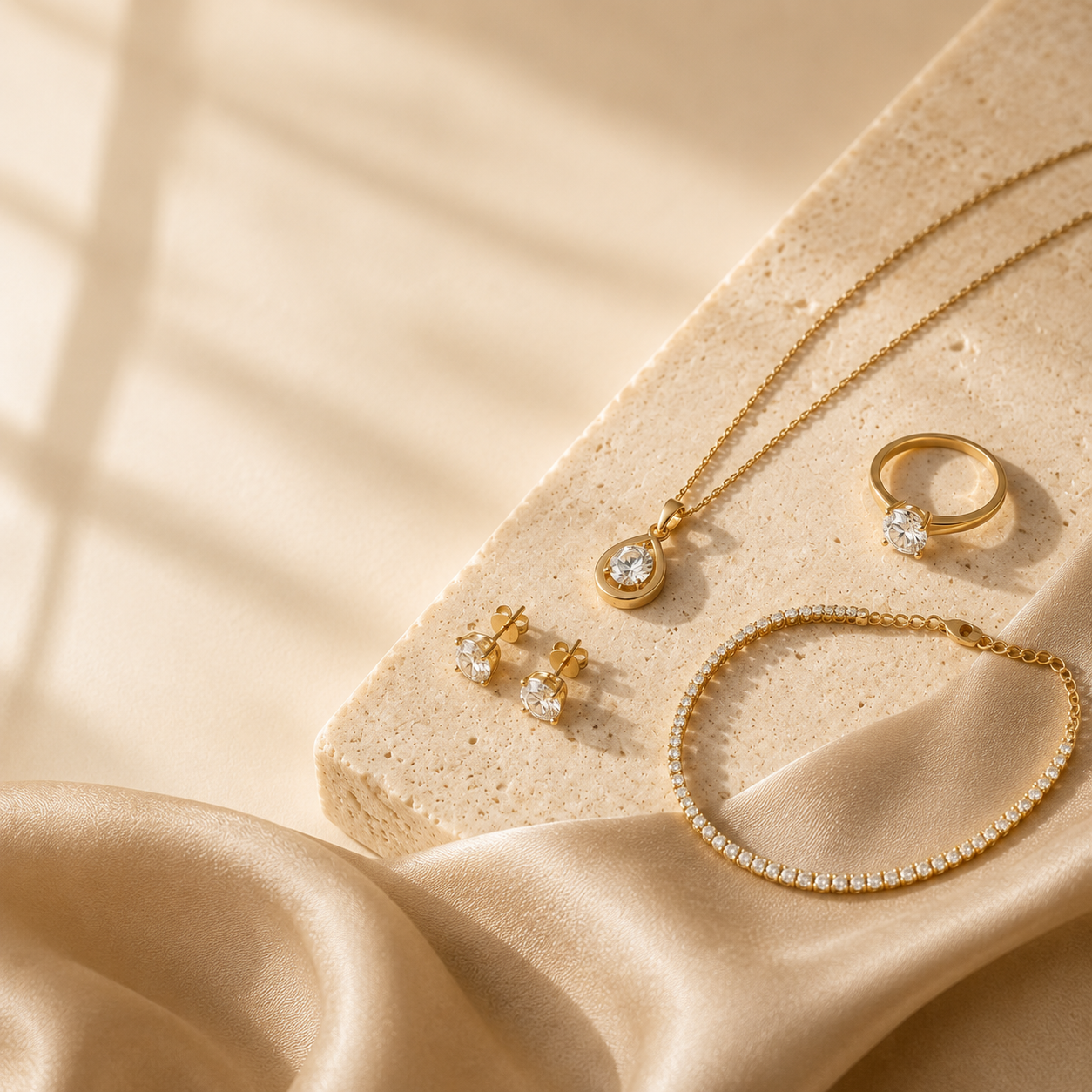 Coleção de joias em ouro com colar, anel, brincos e pulseira — Joias Bellas